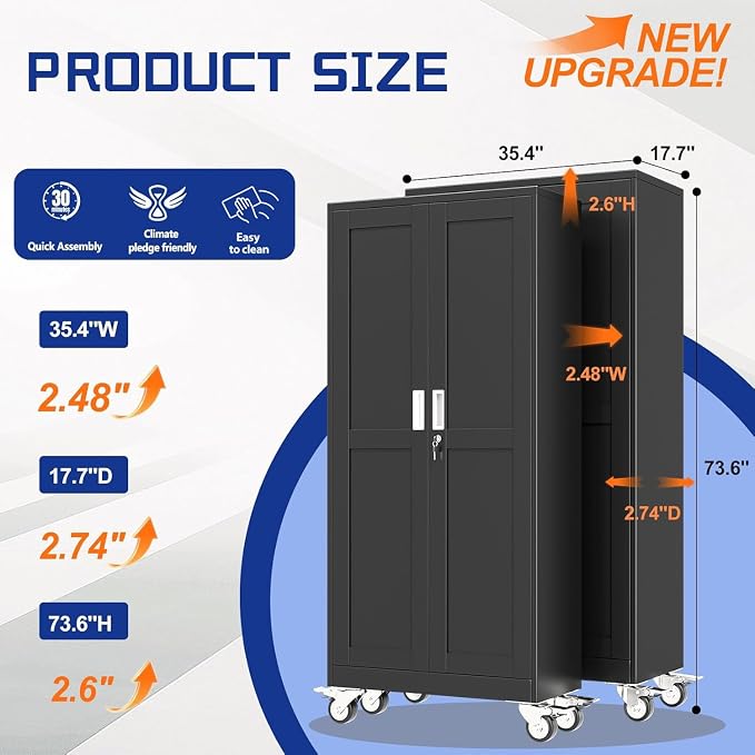 GAIOUS 73.6” Tall Metal Garage Storage Cabinet with Lock, Steel Tool Cabinet with 5 Adjustable Shelves, New Upgrade Lockable File Cabinet with Wheels, Organization for Home Office Garage Gym - Black