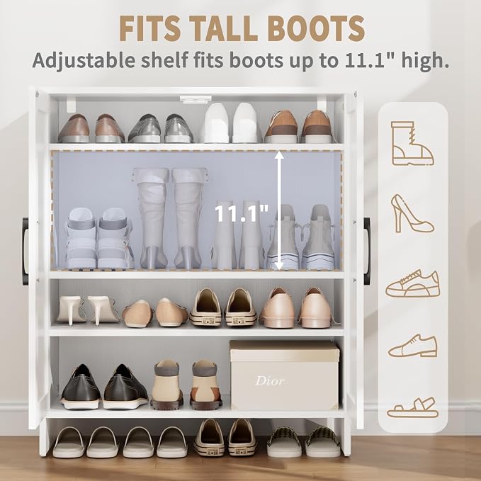 Farmhouse Shoe Storage Cabinet with Doors, 5-Tier Wooden Shoe Cabinet Organizer with 3 Adjustable Shelves, Shoe Rack Shoe Cabinet for Entryway, Hallway, White