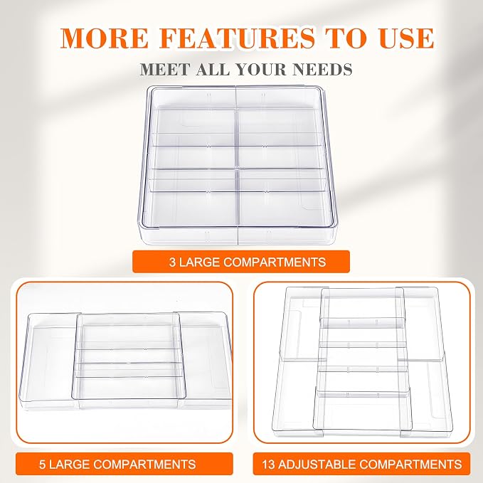 Briwooody 2 Pcs Large Expandable Acrylic Drawer Organizers, Grid Adjustable Drawer, Dividers Organizer for Desk, Makeup, Jewelry, Office, Kitchen Supplies (Clear,15 Compartments)