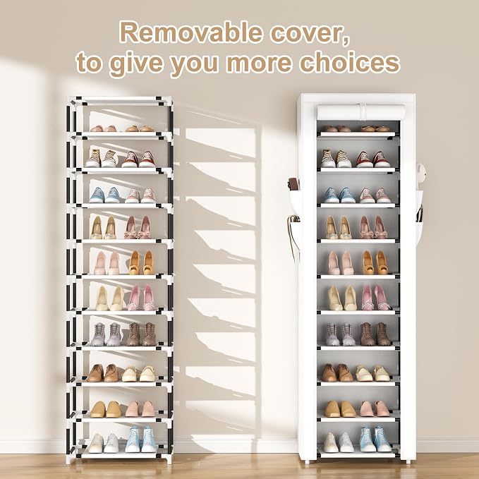 ROJASOP Shoe Rack with Covers 10 Tier Large Shoe Organizer Tall Shoe Closet Storage for 20-22 Pairs Shoe and Boot, Free Standing Shoe Rack Organizer for Closet, Entryway, Bedroom, White