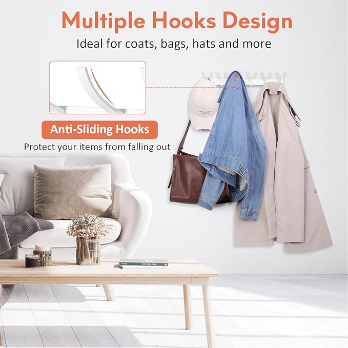Optish Coat Rack Wall Mount, Coat Hook Wall Mount, Wall Hooks for Hanging, Hat Rack for Walls, Coats Hanger with 12 Hook, Towel Hooks for Bathrooms (2 Pack, White)