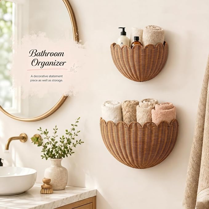 Wall Baskets Woven Scalloped Basket, 100% Handmade Natural Rattan Hanging Wall Basket Decor, Decorative Half Moon Wall Planter for Nursery, Bathroom, Living Room (2 Pack -Large & Small)