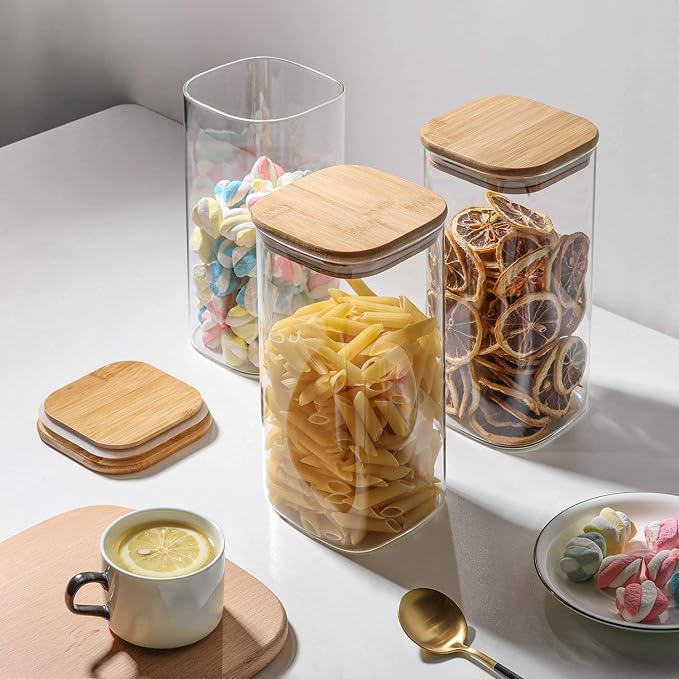 ComSaf Glass Storage Containers wtih Lids 1.6 Qt, Set of 3 Food Storage Jar | Square Kitchen Canisters, Glass Pantry Jars, Pantry Organizers, Dry Food Storage, Tea, Oat, Spice, Coffee, 51oz, BPA Free