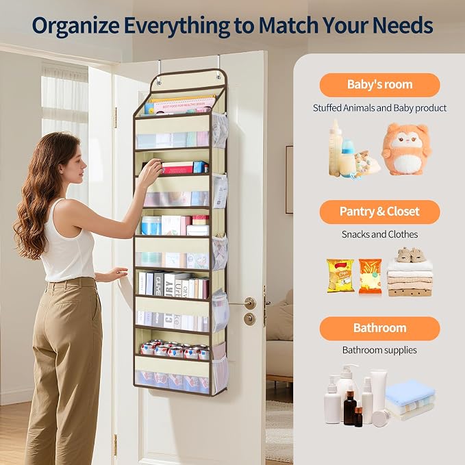 Yecaye Over The Door Organizer Storage, 5-Tier Heavy Duty Door Organizers Hanging with 10 Side Mesh Pockets, 44 lbs Load Capacity Behind Door Storage for Bathroom Nursery Bedroom Dorm Closet,Beige,1Pc