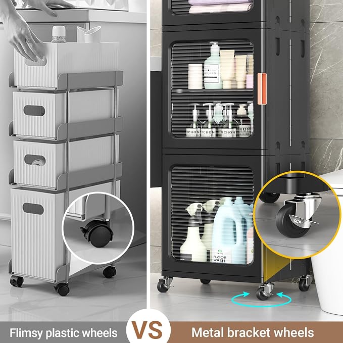 BROVIEW 4-Tier Tall Narrow Storage Cabinet 14.6” Wide, Slim Bathroom Cabinets with Adjustable Shelves and Doors, Plastic Kitchen Pantry Organizers and Storages for Small Space, Laundry, Black