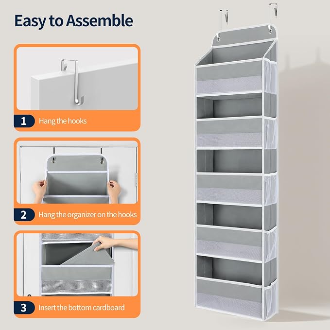 Yecaye Over The Door Organizer Storage, 5-Tier Heavy Duty Door Organizers Hanging with 10 Side Mesh Pockets, 44 lbs Load Capacity Behind Door Storage for Bathroom Nursery Bedroom Dorm Closet,Grey,1Pc
