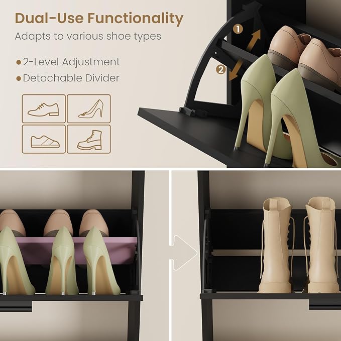Shoe Cabinet Organizer with 2 Flip Drawers,Narrow Shoe Rack 23.6" W White | Freestanding shoe storage cabinet for entryway,foyer and hallway,slim design and space-saving flip drawers