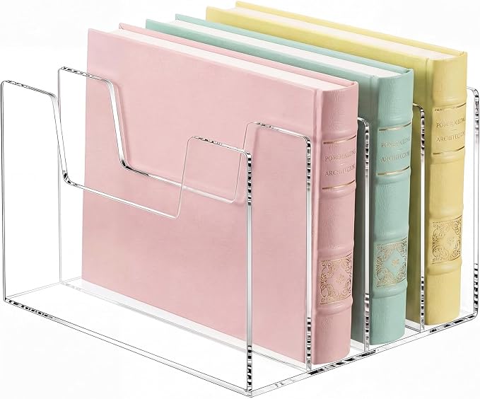 4 Section Clear Acrylic Desktop File Organizer Vertical File Sorter 4mm Thick, Large Capacity Upright Magazine Organizer, Book Paper, Notebooks, Envelopes, Mail Holder