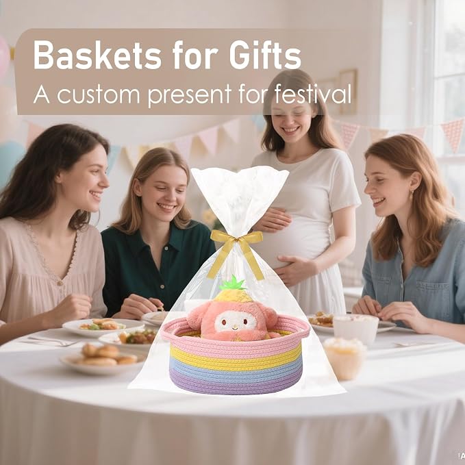 JMvicyroam Small Woven Basket, Empty Gift Basket, Rainbow/2 Pack | Small Gift Basket, Cotton Rope, 12 x 8 x 52 in, Handles, Includes Ribbon and Bag, Birthday Gift Basket