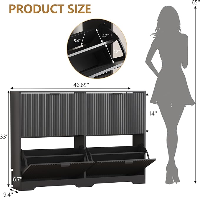 HUANLEGO Shoe Cabinet Storage for Entryway with 4 Flip Drawers, Black Fluted Shoe Cabinet with Adjustable Shelves, Wooden Hidden Shoe Rack Freestanding Narrow Slim Shoes Storage for Hallway, Entrance