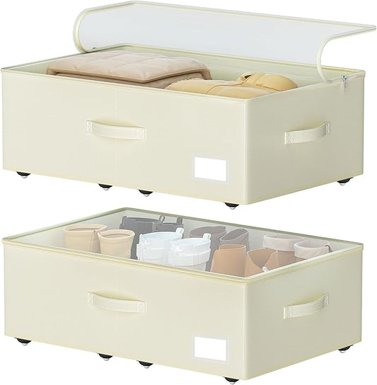 EE-RoomWorld Under Bed Storage with Wheels, No Assemble Required 10 inches height Under Bed Storage bins,Large capacity Rolling Underbed Shoe Storage containers，dorm underbed storage drawers