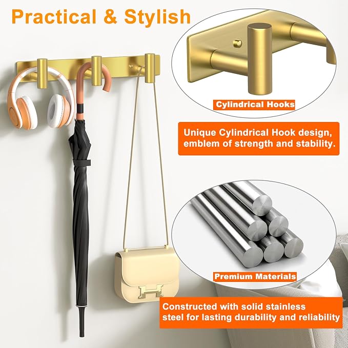Wall Mounted Coat Rack-3 Hooks, Heavy Duty Stainless Steel Wall Hooks for Towel Coat Bag, Hat Rack Coat Hanger Coat Hooks Towel Racks for Bathroom Entryway Kitchen Hotel Office (Gold,1 Pack)