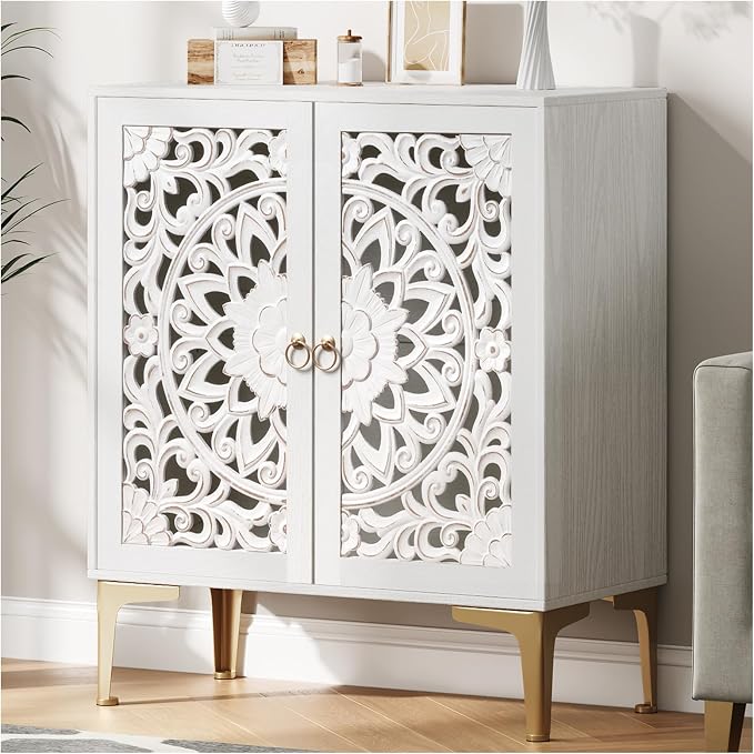 JOINICE 31.5" White Accent Cabinet with Carved Doors & Storage, Gold Legs | Carved Floral Design, Boho/Farmhouse/Rustic Style, Versatile Storage for Living Room & Bedroom & Hallway, Adjustable Shelf