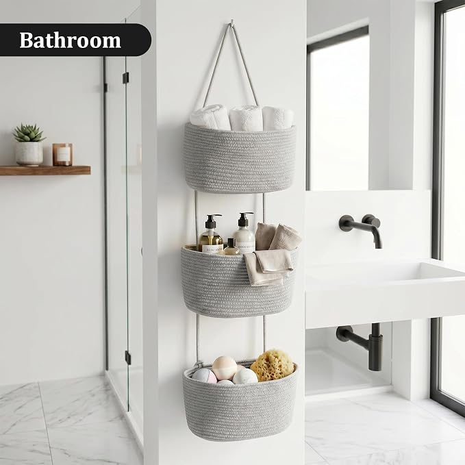 TeoKJ Over the Door Hanging Basket, 3-Tier Woven Cotton Wall-Mounted Storage Organizer Bag Decorative Hanging Nursery Baskets, Gray