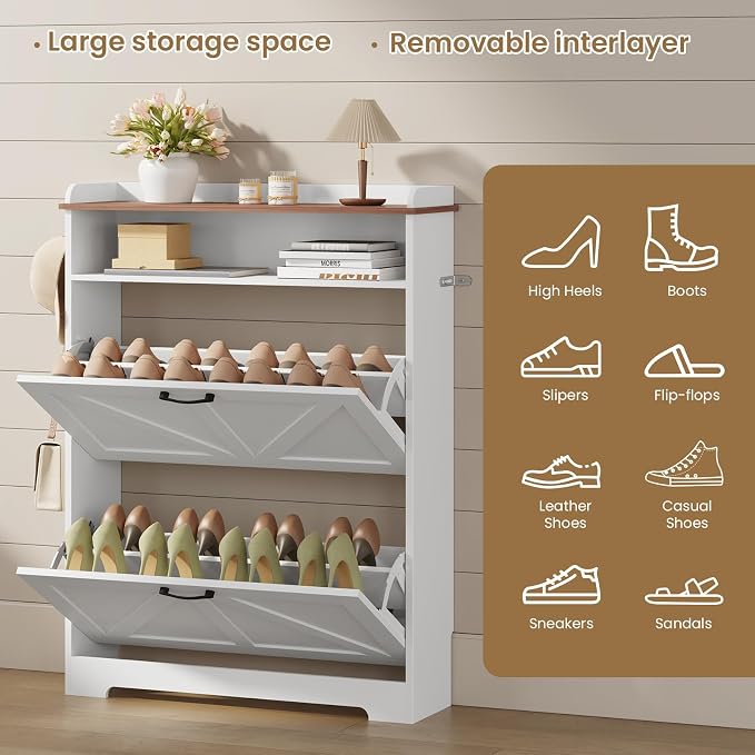 Farmhouse Shoe Cabinet Organizer with 2 Flip Drawers, 31.5" W White | Freestanding shoe cabinet with flip drawers ,space-saving storage for foyer hallway,Adjustable Shelves & 2 Hooks