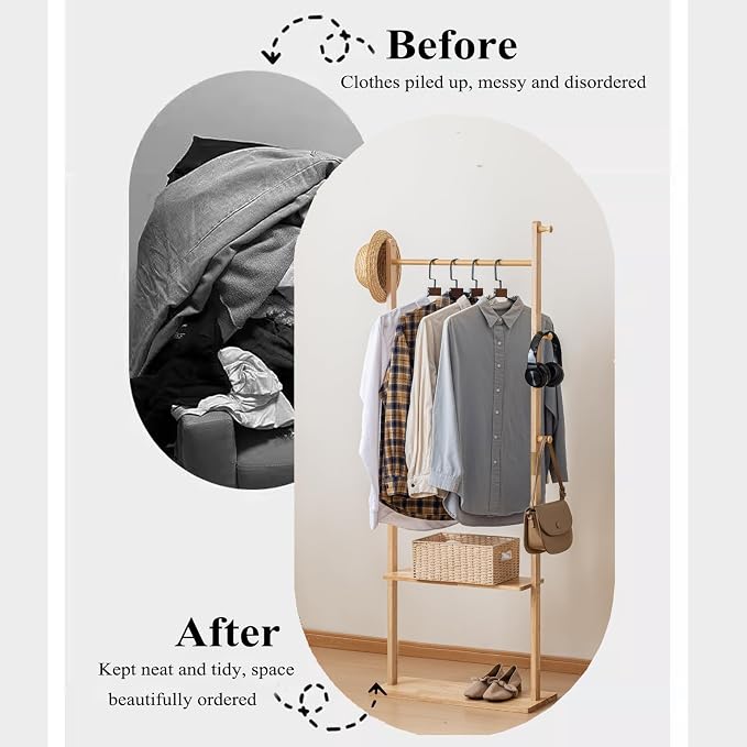 SOBIBO Wood Coat Rack Freestanding with Shelves & Hooks, 23.6inch, Natural | Solid Wood Frame, 3-in-1 Clothes Rack, Garment Rack with Storage for Bedroom, Hallway, Entryway, Office, Living Room