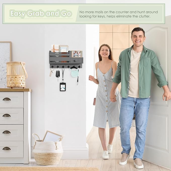 VIS'V Key Holder Wall Mount, Wooden Mail and Key Organizer, Gray | Contains Little Drawer, Small Shelf, 2 Slots, 6 Hooks, for Entryway, Hallway, Doorway, Kitchen, Garage, RV