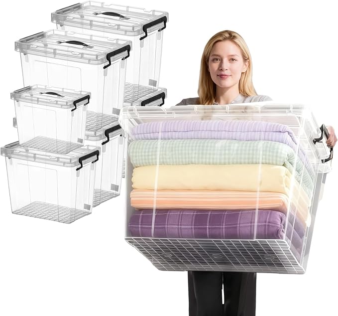 6 Pack Plastic Storage Bins with Lids | Clear Stackable Bins with Secure Latches and Handles Heavy-Duty Storage Containers For Home Office and Garage Organization