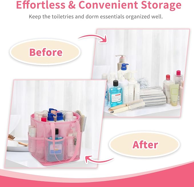 Shower Caddy Portable for College Dorm Room Essentials, Hanging Shower Caddy with Hook and Drawstring, Quick Dry Mesh Shower Bag with 6 Pockets for Bathroom, Swimming, Gym, Camping, Beach, Travel