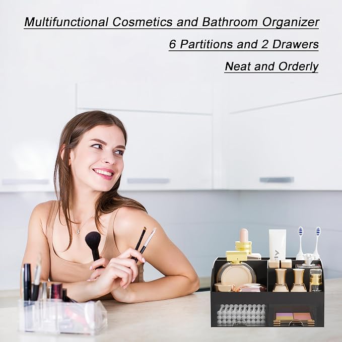 Makeup Organizer with 2 Drawers, Cosmetic Storage for Dresser Vanity and Bathroom Countertop,Make up organization and Skincare Storage with Beauty Brush Holder, Cosmetic Display Case (Black)