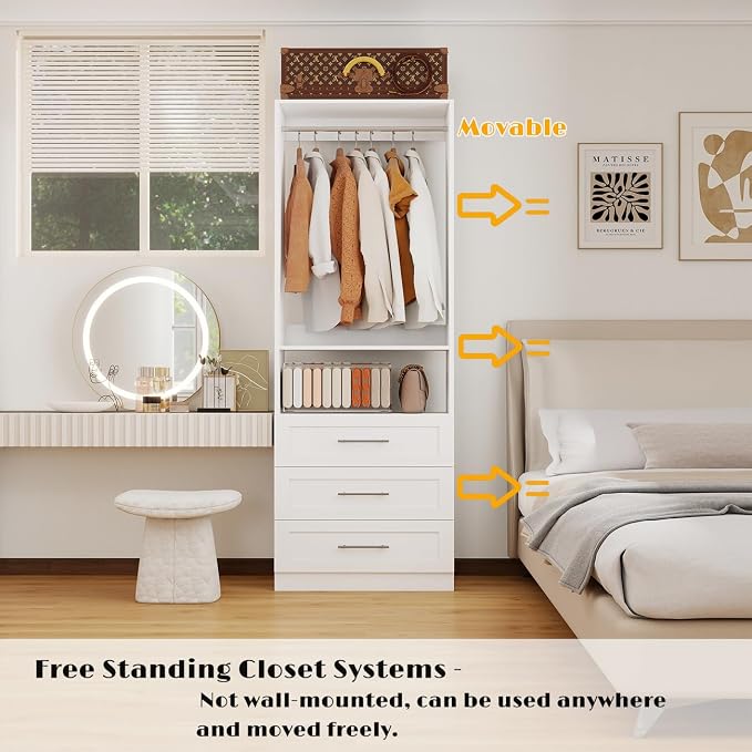 Dilando Closet System with Drawers, 2FT-5FT Closet Organizer System Walk-in Closet Corner Small Freestanding Closets Storage System with 2 Hanging Rods & Shelf White (2FT)