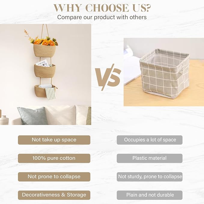 TeoKJ Over the Door Hanging Basket, 3-Tier Woven Cotton Wall-Mounted Storage Organizer Bag Decorative Hanging Nursery Baskets, Jute