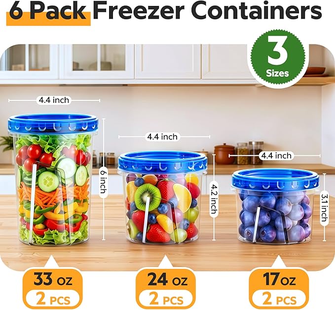 HOMETALL Freezer Storage Containers, [6 Pack- 33/24/17 OZ] Airtight Plastic | Twist Top Lids, Soup, Meal Prep Containers | BPA Free | Stackable | Leakproof | Microwave Safe