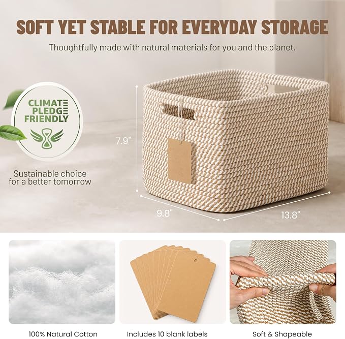 5 Pack Woven Storage Baskets for Shelves, Decorative Basket Organizer Storage Bins for Toys, Books, Clothes, Closet, Nursery, Bathroom – Cotton Rope Shelf Baskets for Organizing and Decor, Khaki