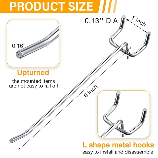 100 Pcs Peg Board Shelving Hooks Stainless Steel Hanging Board Pegs Wall Display Hooks Bulk for 1/8 1/4 Garage Storage Organizer Accessories (6 Inch,Silver)