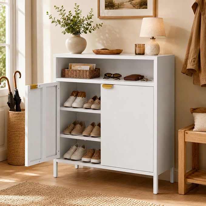 VINGLI Metal Shoe Cabinet, White Entryway Shoe Storage Cabinet with 2 Doors and Open Shelf, 31.5" Waterproof Metal Shoe Rack Organizer with Adjustable Shelves for Hallway, Entryway, Closet