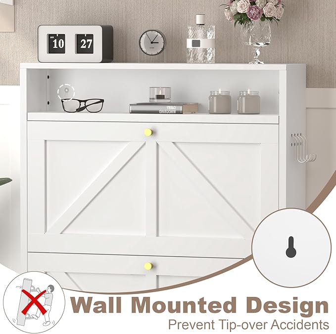 Metal Hidden Shoe Rack, 2 Flip-Down Floating Shoe Storage, Ultra Slim Wall Mounted Steel Shoe Organizer for Small Spaces, Modern Front Door Shoe Storage, Anti-Tip, White