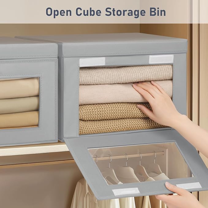 DIMJ Storage Bins with Lids - 5 Pack Large Fabric Closet Organizer with Window & Handles, Collapsible Decorative Storage Boxes for Shelves Under Bed, Books Clothes Blankets Sweaters Organization