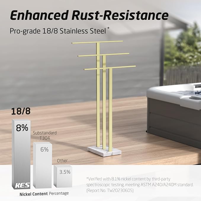 KES 3-Tier Freestanding Towel Rack with Marble Base, 36" Tall, Brushed Gold | Weighted Base Prevents Tipping, Anti-Slip Pads, No-Drill Assembly, Fits Bath Sheets And Hand Towels, For Humid Bathrooms