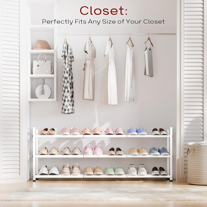 Bumusty 3 Tier Long Expandable Shoe Rack for Closet, White | 18"-44" Adjustable Shoe Rack for Entryway, Shoe Organizer for Dorm, Front Door, Sturdy Metal