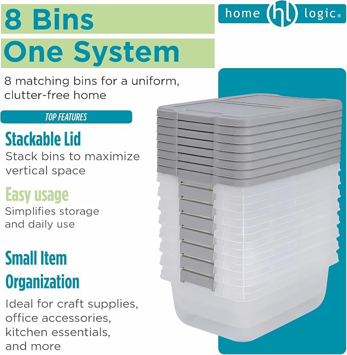 Home Logic 15 Qt Latched Storage Bin with Lid, Stackable Plastic Storage Container, Organizer for Home, Office & Classroom, 8 Pack, Gray