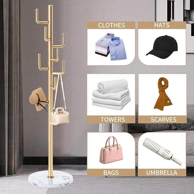 Modern Metal Coat Rack Stand with Natural Marble Base, Heavy Duty Coat Rack Freestanding with 8 Hooks, Golden Cactus Standing Coat Racks for Bag, Jacket, Entryway Office (Golden Cactus)