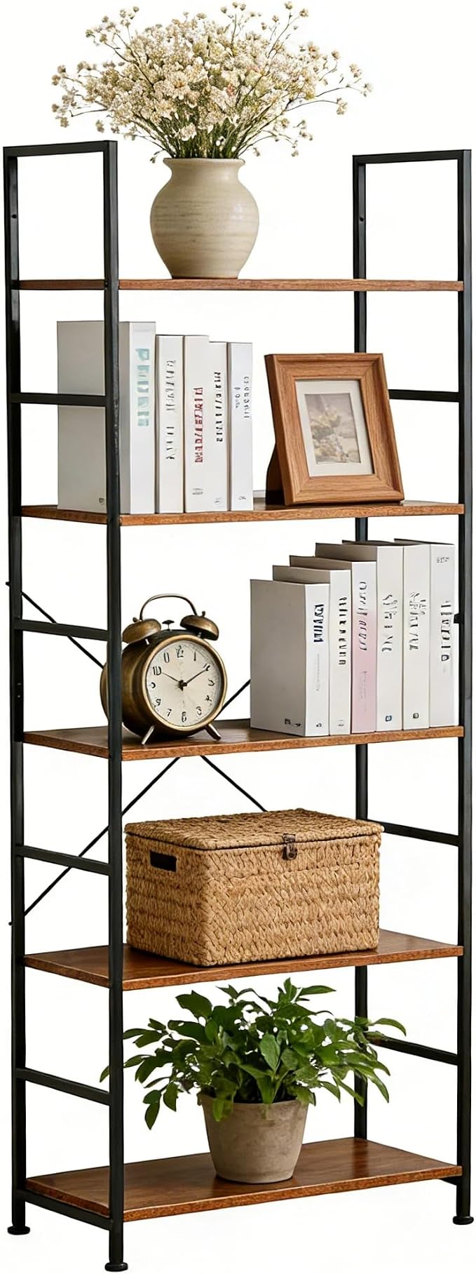 HealSmart 5 Tier Bookshelf, Free Standing Book Shelf Home Office Bookcase Shelf Storage Organizer for Bedroom, Bathroom, Living Room, Office, Balcony, Brown