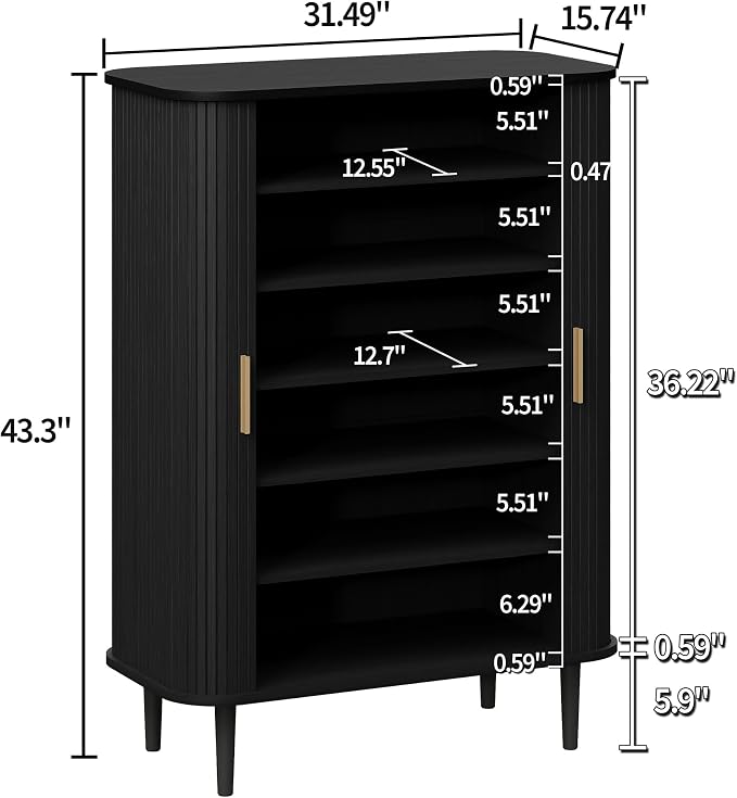 DHH Shoe Storage Cabinet with Sliding Door, 6-Tier Shoe Cabinet with Adjustable Shelves, Mid-Century Modern Freestanding Shoe Storage Organizer for Entryway, Hallway, Living Room (Black, 31.5 ")