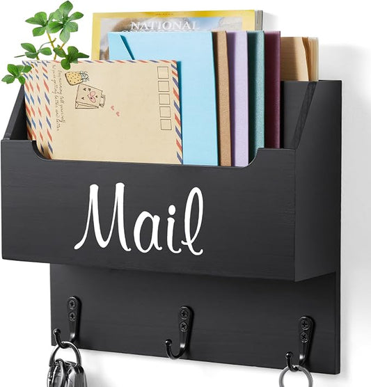 DRASTAR Mail Organizer Wall Mounted, Wooden Mail Sorter & Key Holder for Wall, Hanging Mail Organizer, Black Mail Basket for Home Office