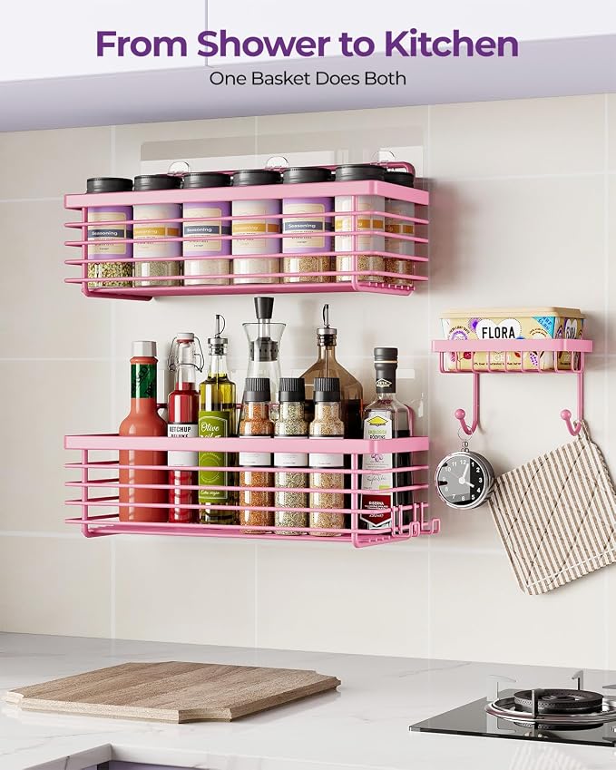 Shower Caddy Adhesive 3 Pack Stainless Steel Storage Organizers-Pink | No drilling wall mounted,rust-resistant,large capacity,quick drainage,easy to clean,suitable for bathrooms and kitchens