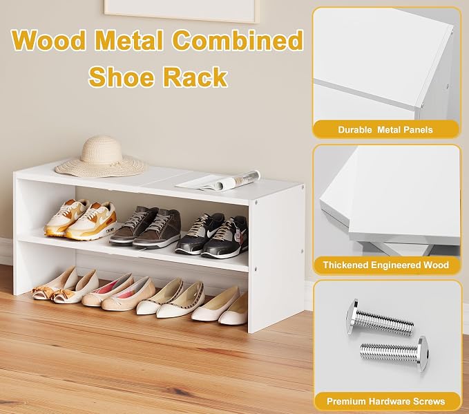 White Shoe Rack Organizer for Closet, 2-Tier Expandable Shoe Shelf, Stackable Iron Wood Combination Small Shoe Racks Shelves for Closets, Entryway,Small Space,Hallway,Bedroom,Bathroom,6-12 Pairs