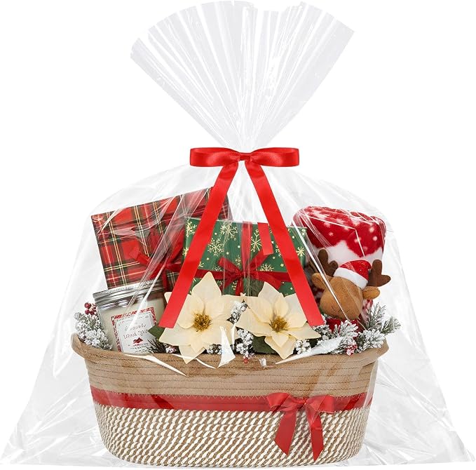 Colingmill 1 Set Woven Empty Basket for Gift,Brown Red | with Cellophane Wrap Set, 14 x 10 x 5.5 Inch, Medium Decorative Gift Basket, Cotton Rope Storage Box, Home Decor