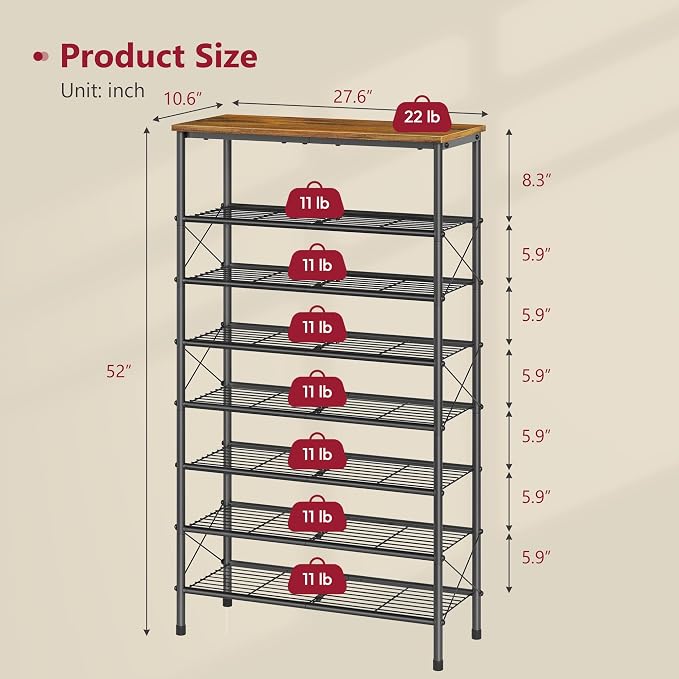 8 Tier Shoe Rack for 28-32 Pairs of Shoes, Rustic Brown & Black | Sturdy & Durable, X Shape Fixed Frame, Metal Mesh Shoe Shelf, Industrial, For Closet, For Entryway Shoe Storage