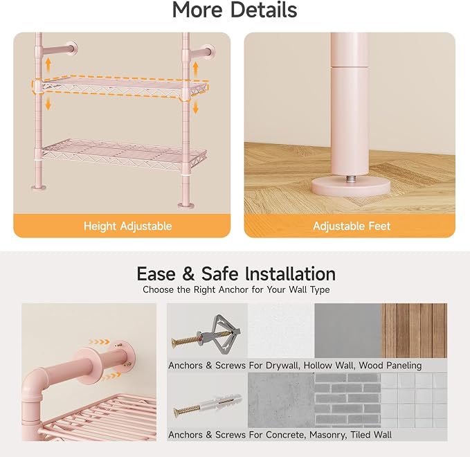 ONBRILL H4 Wall Mounted Closet System, Expandable Industrial Pipe Clothes Rack Clothing Rack for Hanging Clothes, Heavy Duty Closet Organizers and Storage in Wardrobe Closet