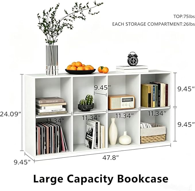 VDNEND Wooden Storage Organizer with Closed Back Panel, 11in Cube Shelf Opening, Bookshelf, Display Shelf,Closet Cabinet for Home and Office Embossed White, 8-Cube (47.8L*9.45W*24.09H)