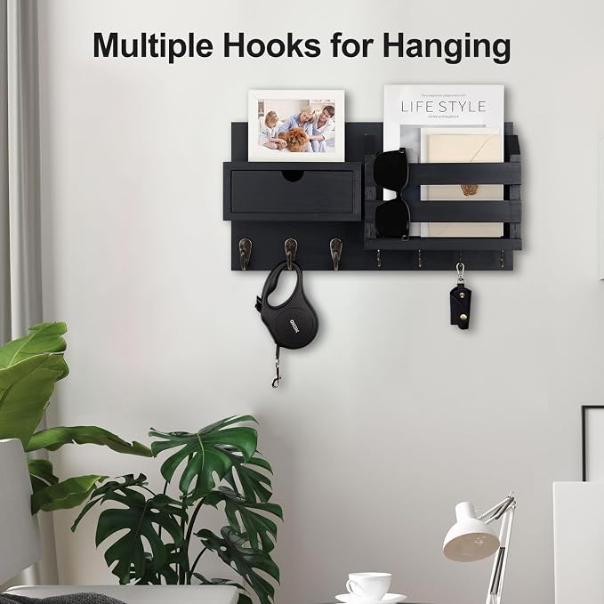Lwenki Wall Mount Key Holder with Mail Organizer, 100% Paulownia Wood, 7 Metal Hooks, Storage Drawer, Entryway Home Decor (Black)