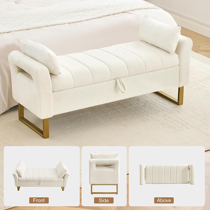 52" Storage Bench for Bedroom Upholstered End of Bed Bench Queen Size Ivory | Bedroom Benches for Foot of Bed Queen with Gold Legs,2 Pillows,Teddy Storage Ottoman Bench for Bedroom,Entryway,Cloakroom