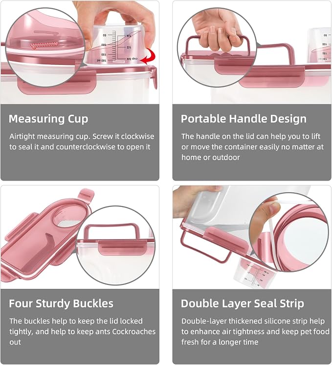 LEAWALK 2Pack Cat Dog Food Storage Container Upgraded Large Nozzle BPA-free, 3+5lbs Plastic Pet Food Containers, With 4 Sealed Clasps/1 Measuring Cup/Handle Easy Clean and Carry (Clear Pink)