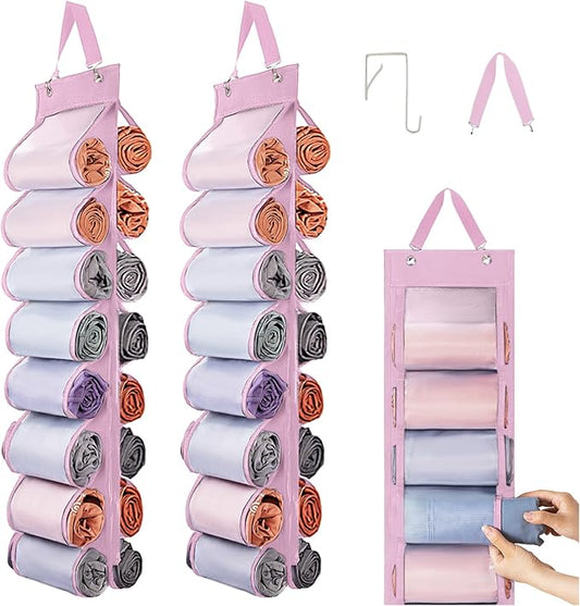 DHSFKBE Legging Organizer Storage, 2PCS T Shirt Organizer, Foldable Hanging Closet Organizer Storage with 16 Roll Independent Compartments for Yoga Pants, Tank Top, Towel, Underwear (Pink)