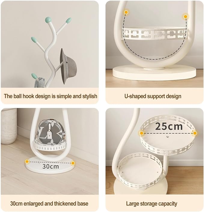Metal Standing Coat Rack, Small Space Coat Rack Freestanding Hanger Coat Stand with Natural Metal Base & 8 Hooks, Tree-Shaped Coat Rack for Entryway, Hallway, Bedroom, can Hang Clothes, Hats (White)
